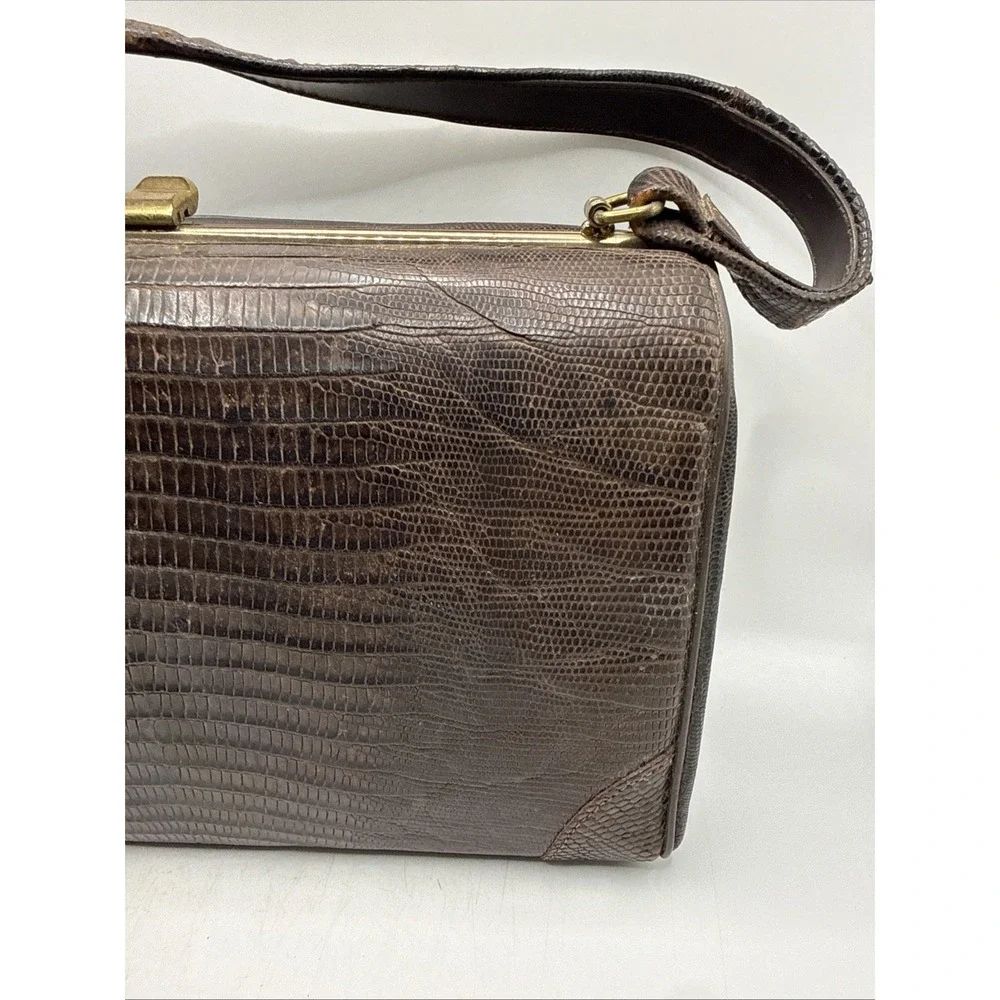 Vintage 1950's Alligator Lizard Brown Hand Bag Purse Gold Accents